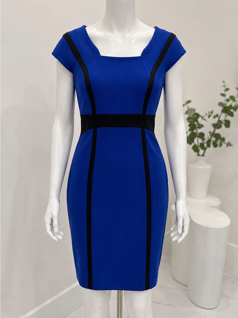 Tahari ASL Petite 12P Royal Blue Sheath Dress Black Panel Detail Career Cocktail